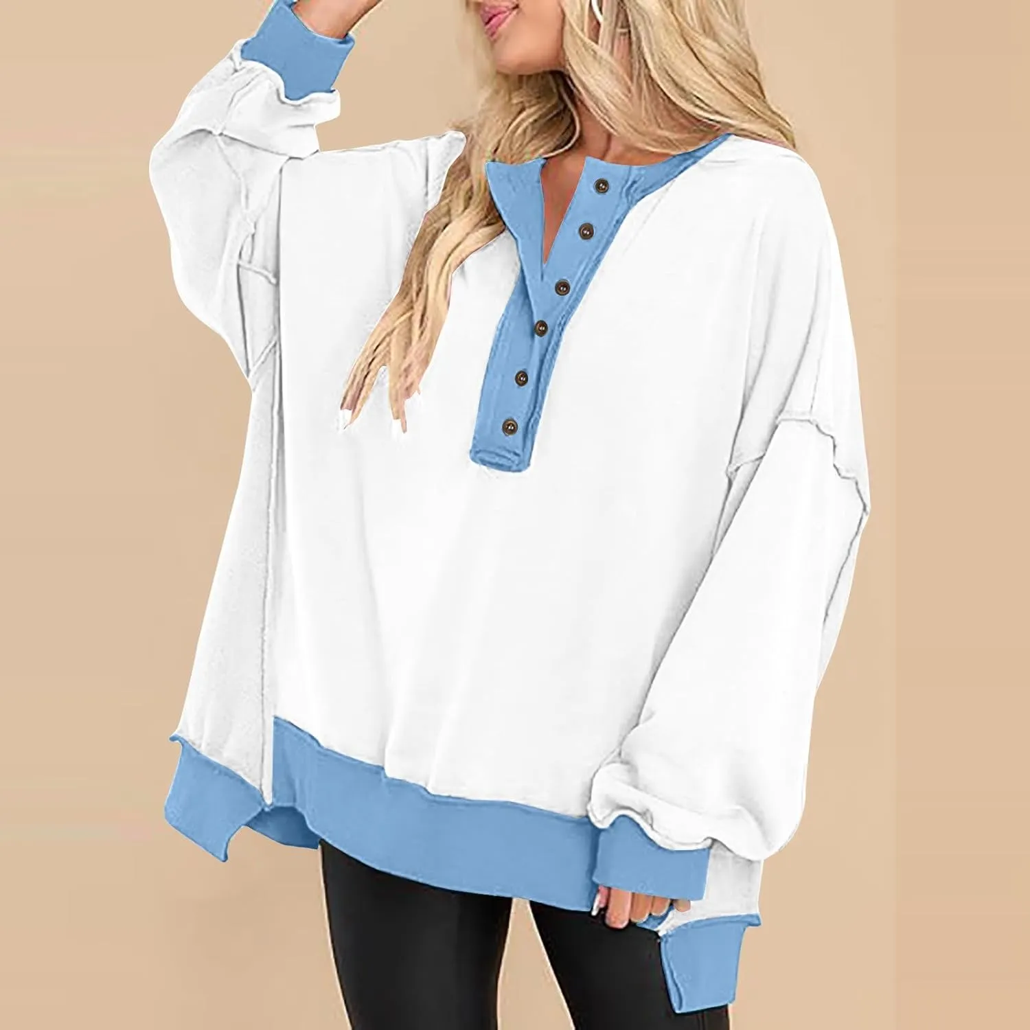 Womens Oversized Sweatshirts Long Sleeve Henley Neck Button Down Pullover Hoodies 2024 High Low Trendy Fall Clothes
