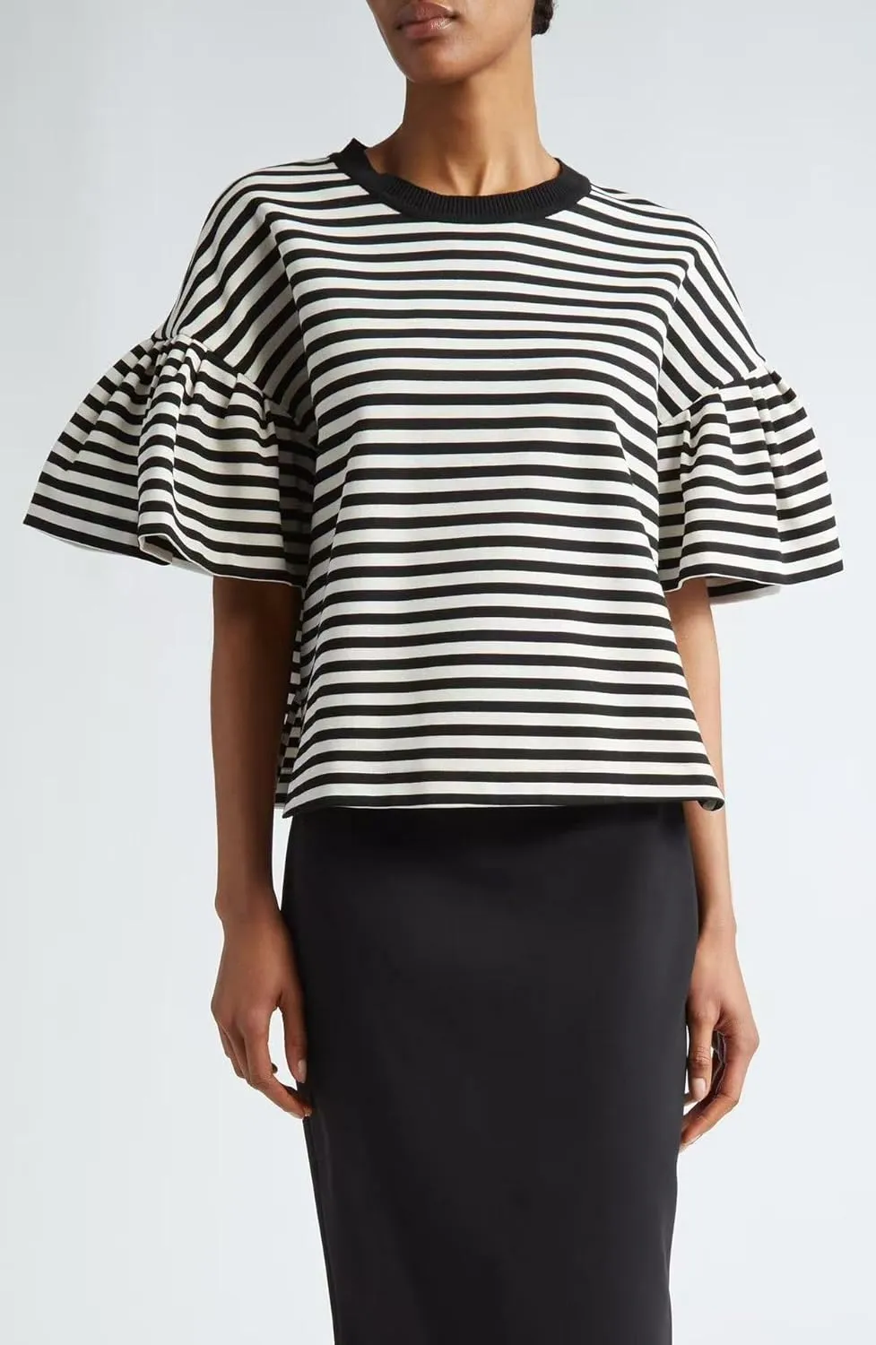 Women's Oversized T-Shirt Crew-Neck Striped Flared Short-Sleeved Top Loose Casual Fashion Summer Top