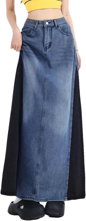 Women's Patchwork Long Denim Skirt Spring 2025 High Waist A Line Maxi Jean Skirts Streetwear Casual Skirts