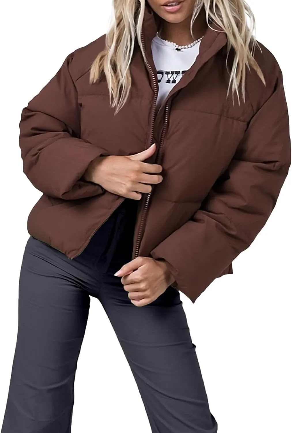 Womens Puffer Jacket Cropped Long Sleeve Zip Up Baggy Short Down Coats with Pockets