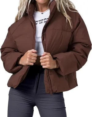 Womens Puffer Jacket Cropped Long Sleeve Zip Up Baggy Short Down Coats with Pockets