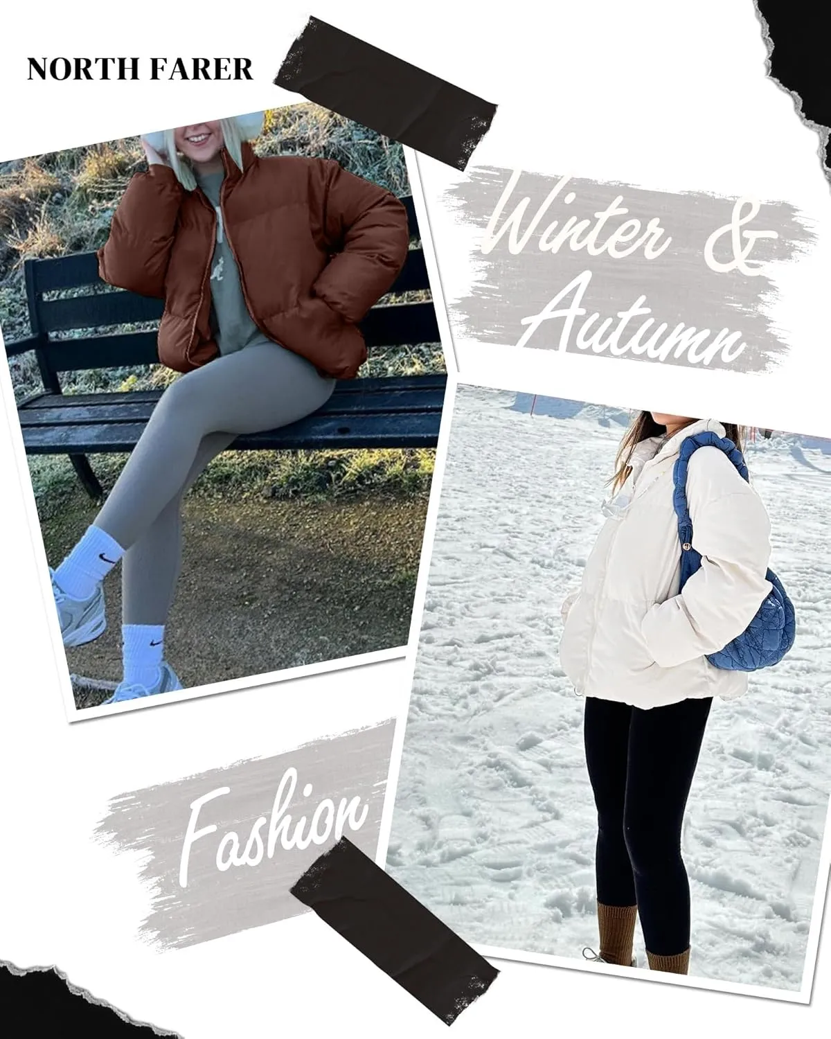 Womens Puffer Jacket Cropped Long Sleeve Zip Up Baggy Short Down Coats with Pockets