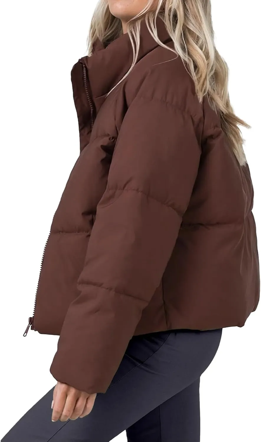 Womens Puffer Jacket Cropped Long Sleeve Zip Up Baggy Short Down Coats with Pockets