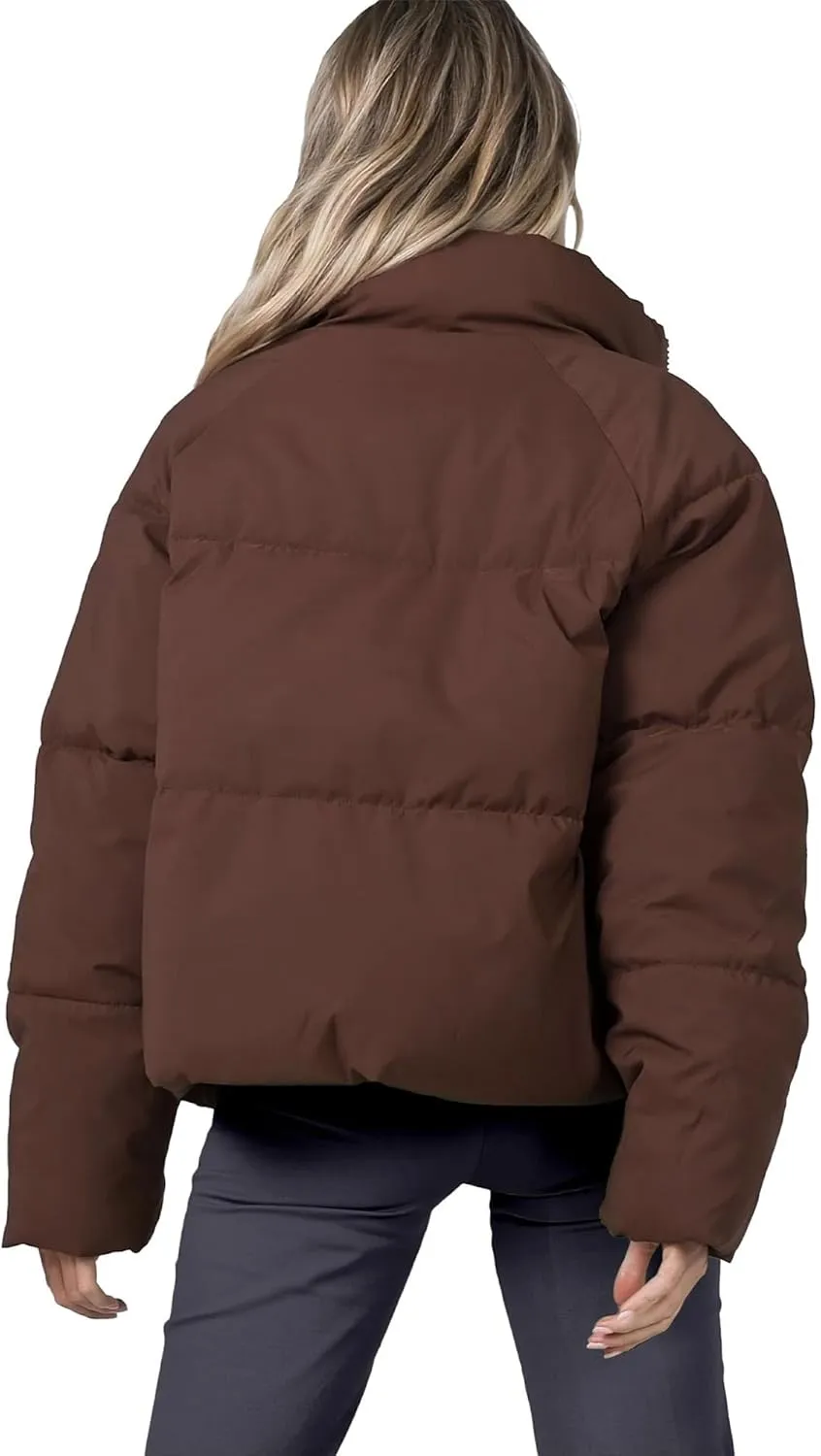 Womens Puffer Jacket Cropped Long Sleeve Zip Up Baggy Short Down Coats with Pockets