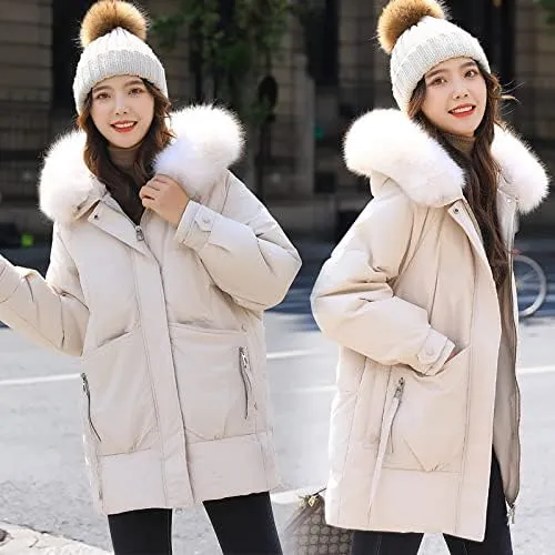 Women's Puffer Jacket Winter Thicken Down Parka Warm Full-Zip Quilted Coats with Faux Fur Hood
