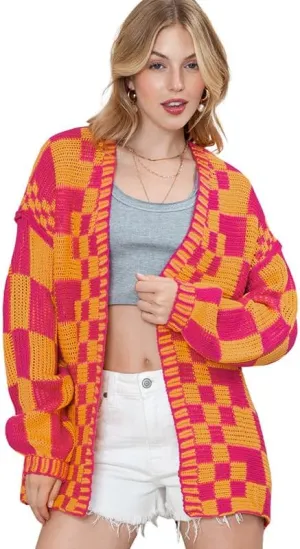 Women's Retro Checkered Cardigan Sweater Soft Chunky Knit Open Front Long Sleeve Cover-Up with Unique Plaid Pattern