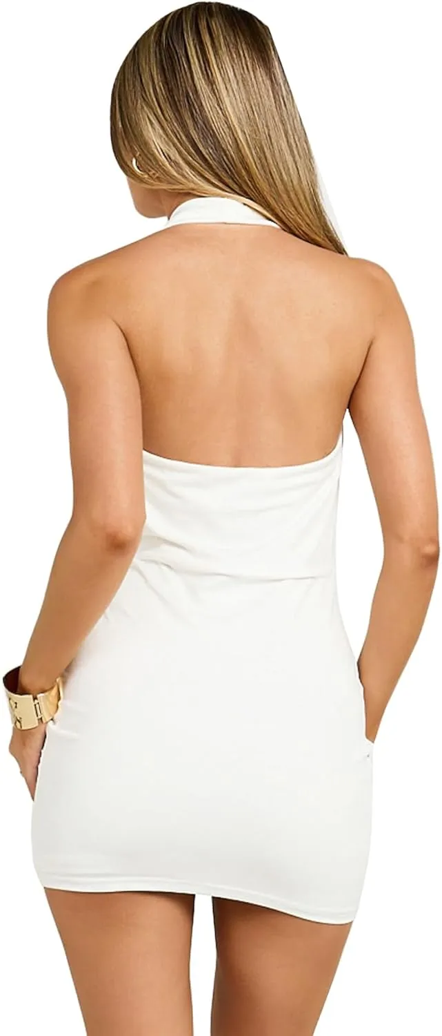 Women's Sexy Deep V-Neck Bodycon Backless Halter Tight Party Dress Club Nightclub Mini Dress