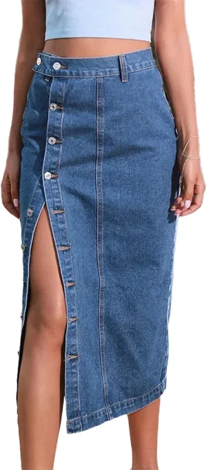 Women's Sexy Streetwear Single Breasted Denim Skirt High Waist Casual Bodycon Long Skirts