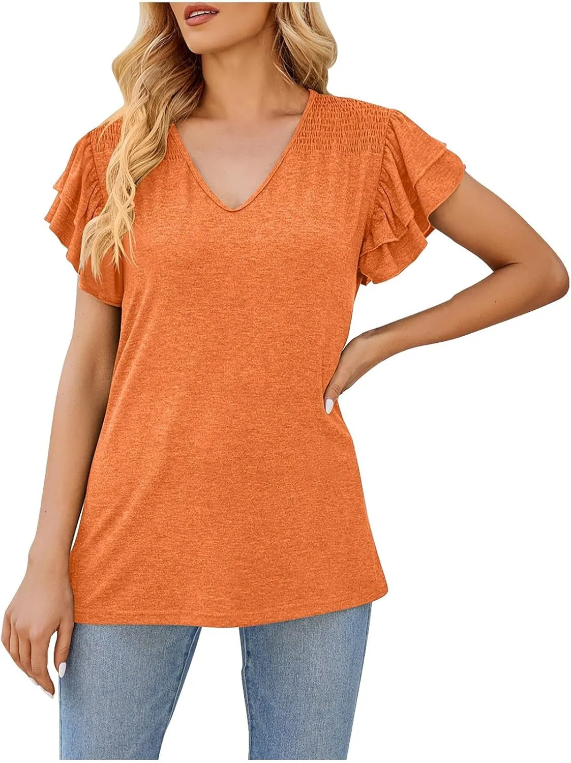 Womens Short Sleeve Tops Casual Solid Color Ruffle V Neck Blouses Summer Loose Fit T Shirts Trendy Going out Top