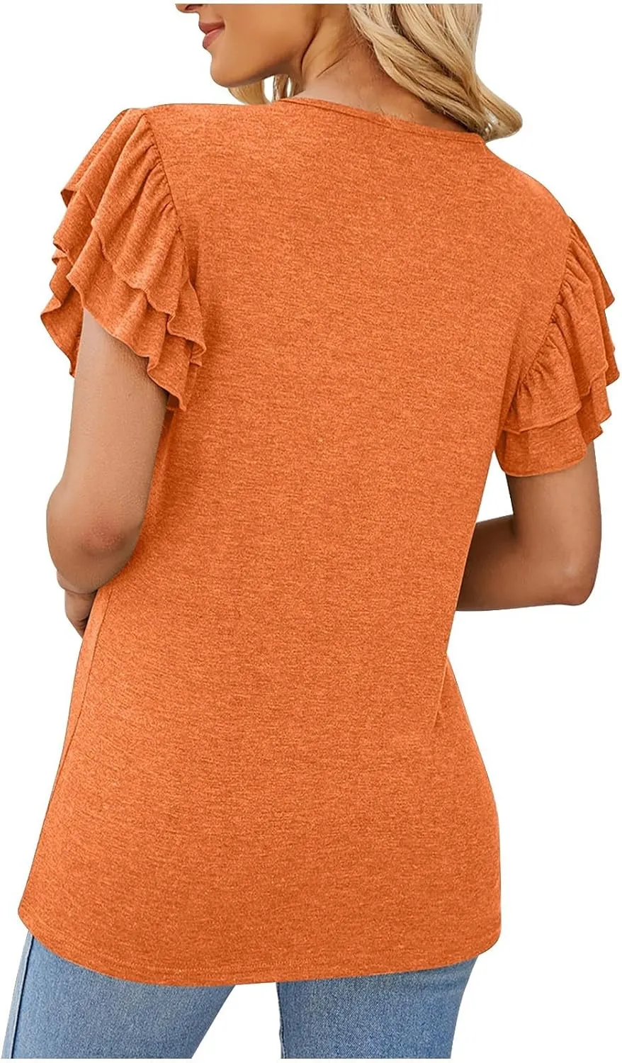 Womens Short Sleeve Tops Casual Solid Color Ruffle V Neck Blouses Summer Loose Fit T Shirts Trendy Going out Top