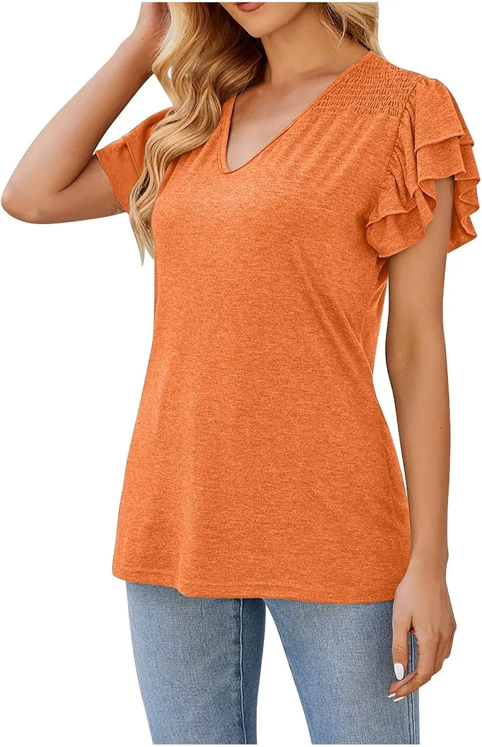Womens Short Sleeve Tops Casual Solid Color Ruffle V Neck Blouses Summer Loose Fit T Shirts Trendy Going out Top