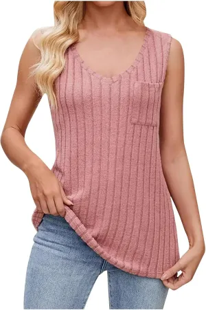 Womens Sleeveless V Neck Tank Tops Fashion Summer Casual Basic Slim Fit Ribbed Racerback Top Shirt Clothes