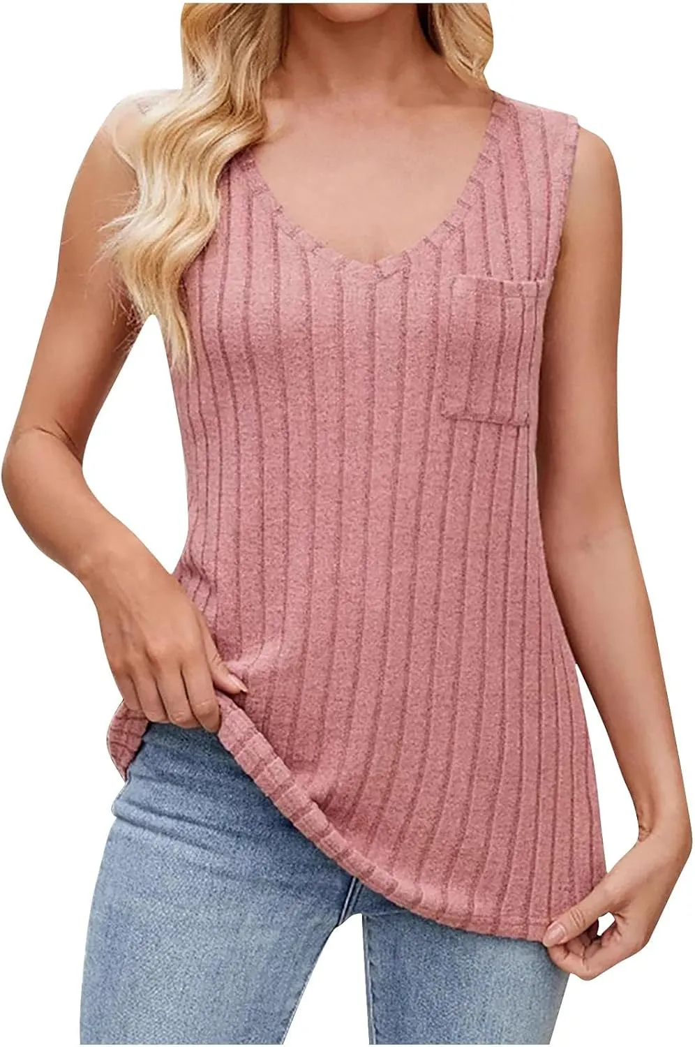 Womens Sleeveless V Neck Tank Tops Fashion Summer Casual Basic Slim Fit Ribbed Racerback Top Shirt Clothes