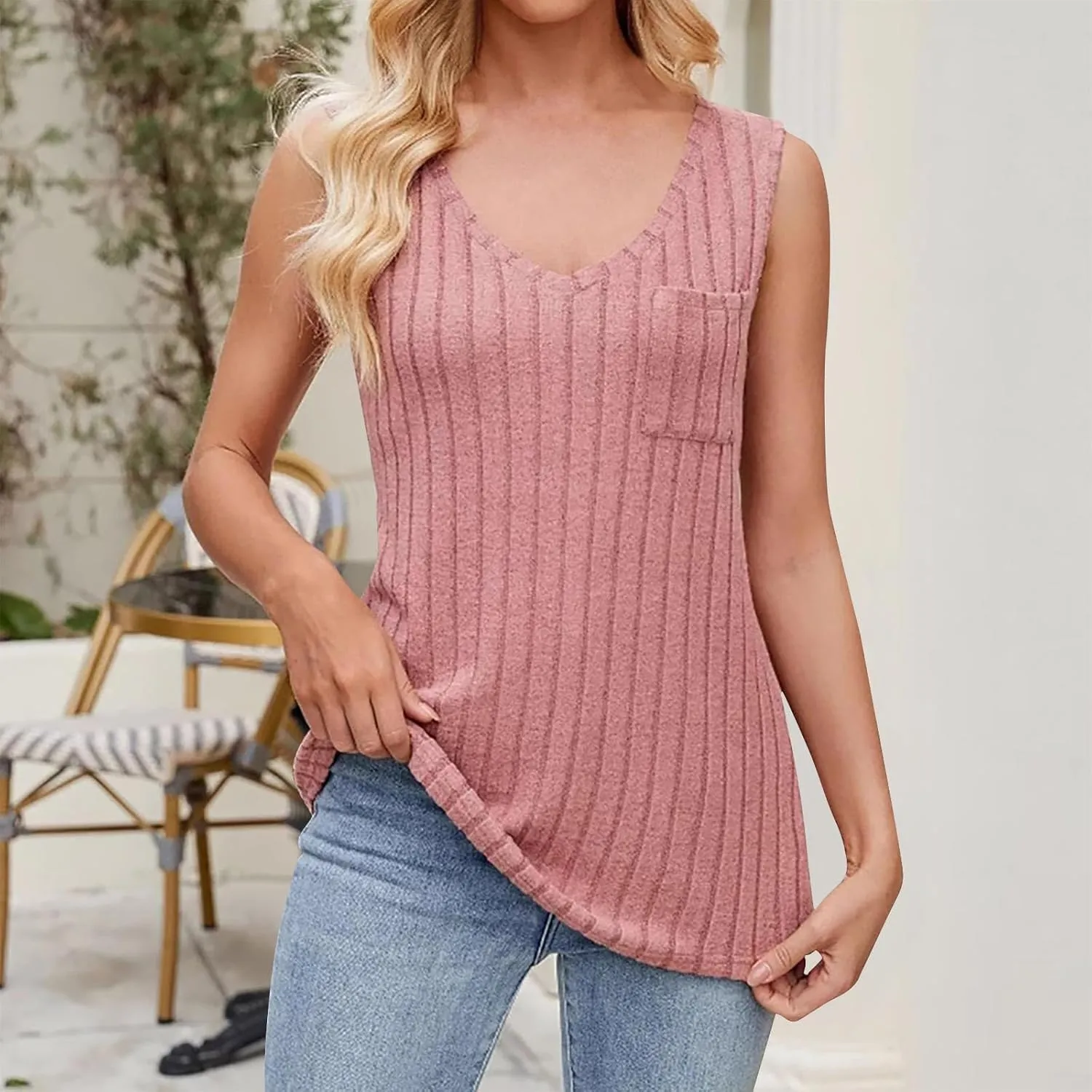 Womens Sleeveless V Neck Tank Tops Fashion Summer Casual Basic Slim Fit Ribbed Racerback Top Shirt Clothes
