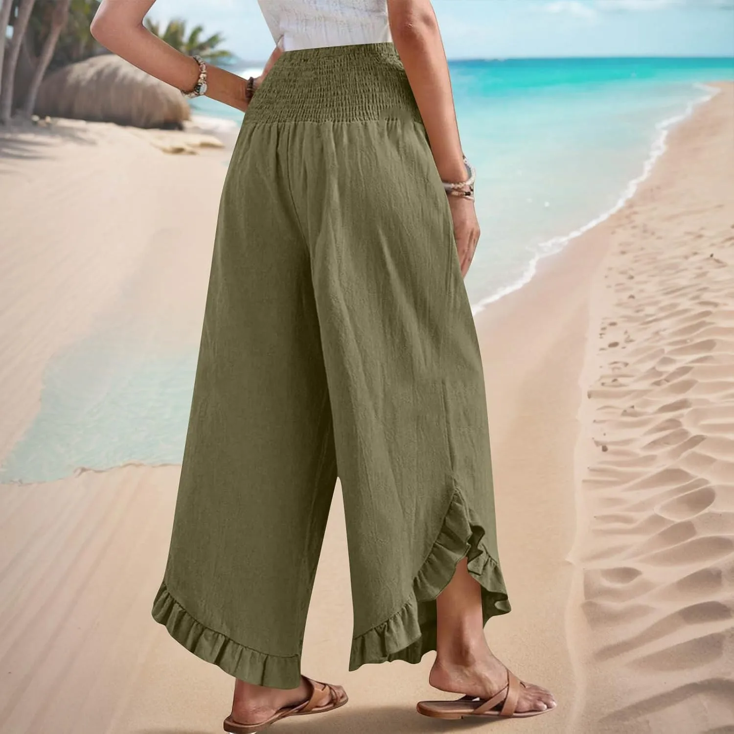 Womens Smocked Waist Ruffle Hem Palazzo Pants Boho Wide Leg Cotton Linen Trouser 2025 Fashion Casual Comfy Flowy Pants