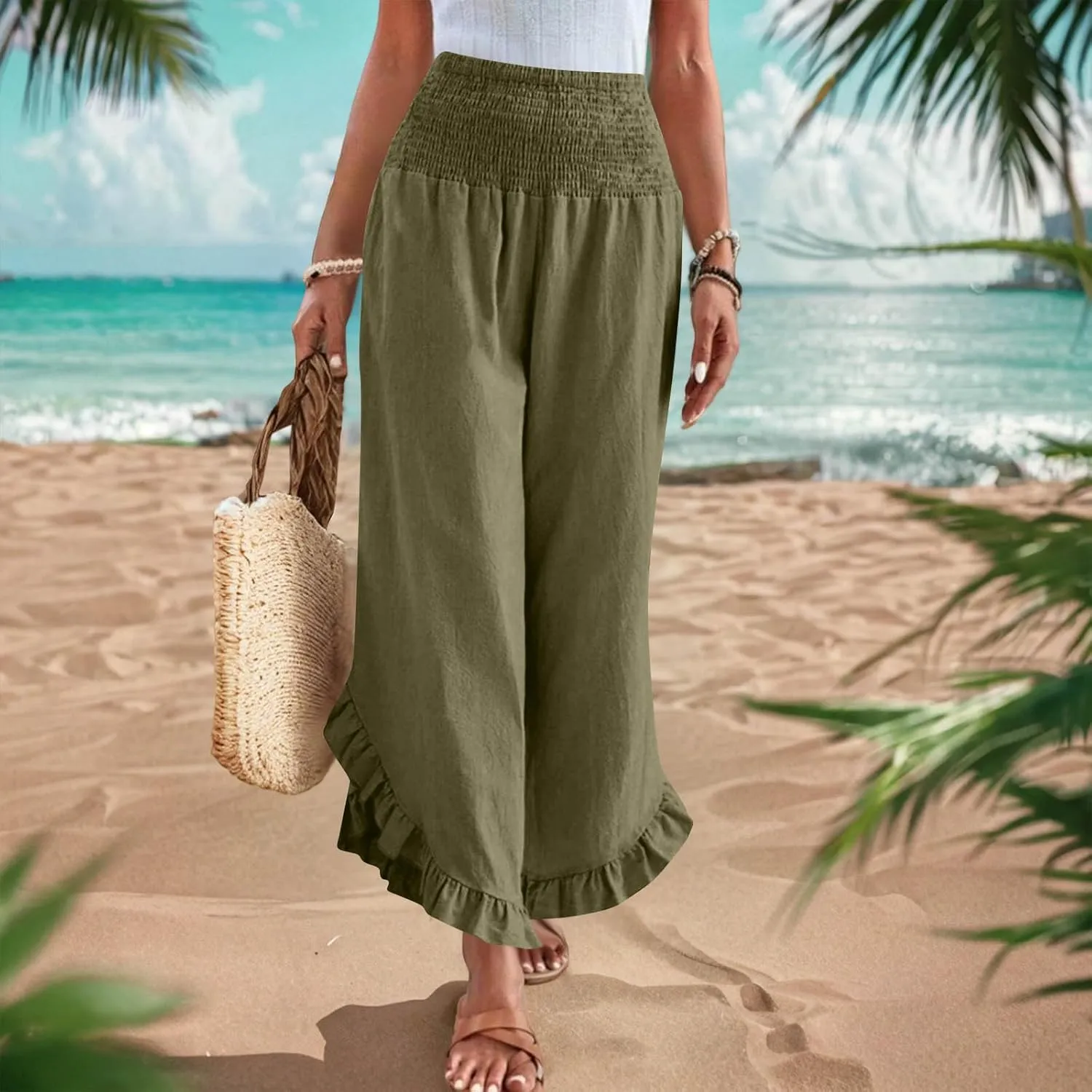 Womens Smocked Waist Ruffle Hem Palazzo Pants Boho Wide Leg Cotton Linen Trouser 2025 Fashion Casual Comfy Flowy Pants