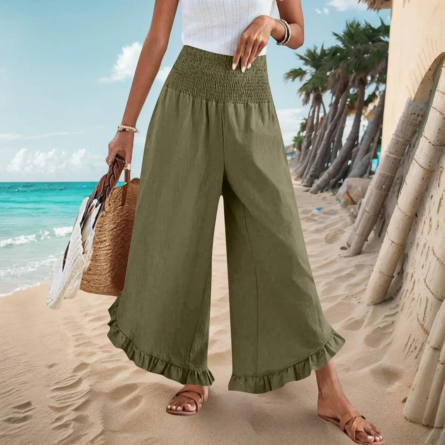 Womens Smocked Waist Ruffle Hem Palazzo Pants Boho Wide Leg Cotton Linen Trouser 2025 Fashion Casual Comfy Flowy Pants