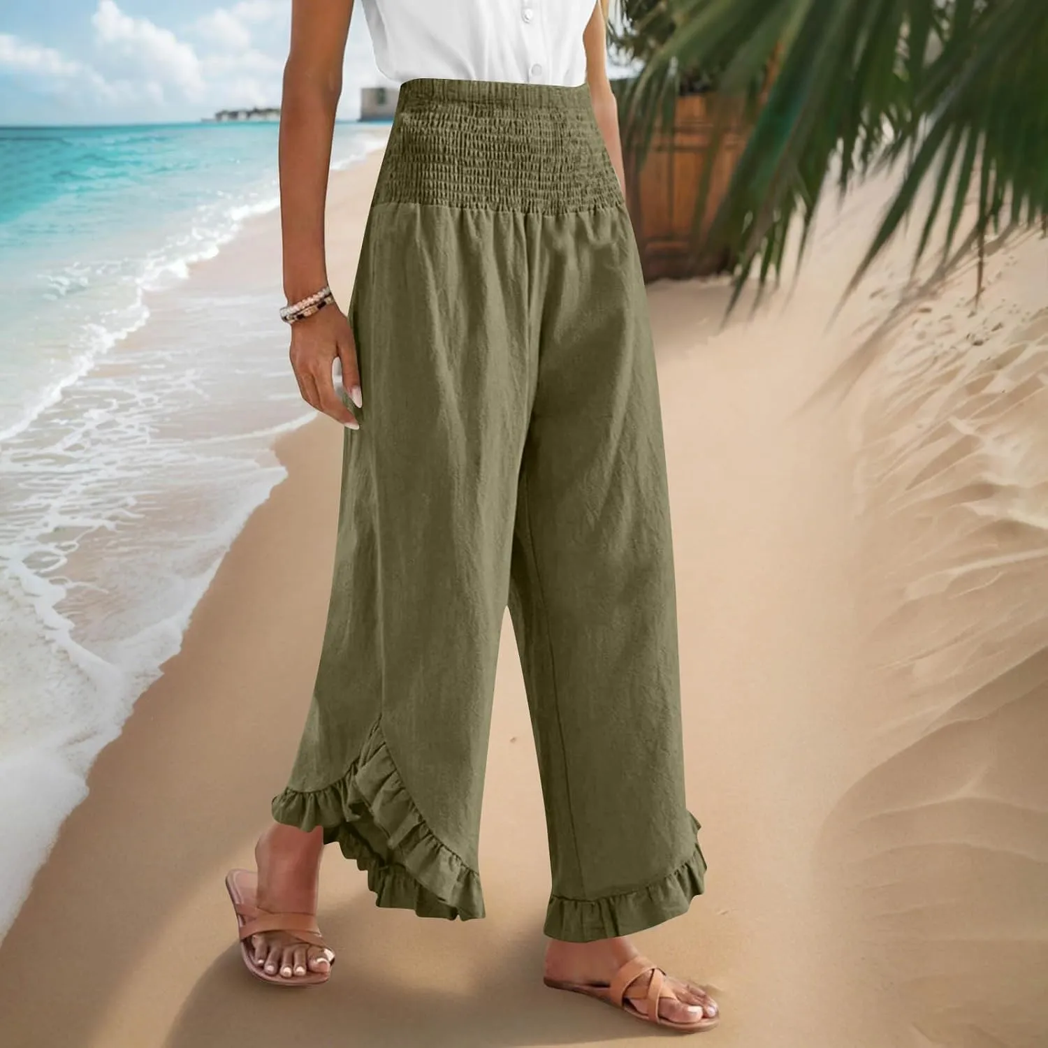 Womens Smocked Waist Ruffle Hem Palazzo Pants Boho Wide Leg Cotton Linen Trouser 2025 Fashion Casual Comfy Flowy Pants