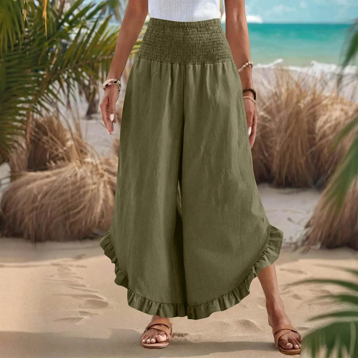 Womens Smocked Waist Ruffle Hem Palazzo Pants Boho Wide Leg Cotton Linen Trouser 2025 Fashion Casual Comfy Flowy Pants