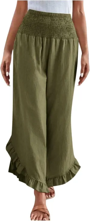 Womens Smocked Waist Ruffle Hem Palazzo Pants Boho Wide Leg Cotton Linen Trouser 2025 Fashion Casual Comfy Flowy Pants