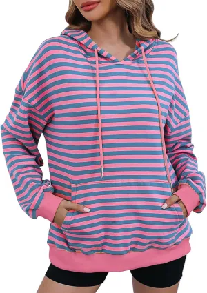 Womens Striped Hoodies 2024 Long Sleeve Sweatshirts Casual Crewneck Oversized Pullover Tops Teen Girls Clothes