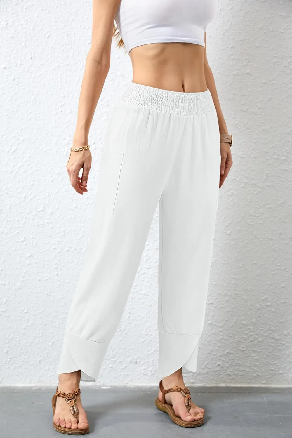 Women's Summer High Waisted Baggy Pants Wide Leg Linen Pants Casual Ankle Length Trouser Slacks with Pockets