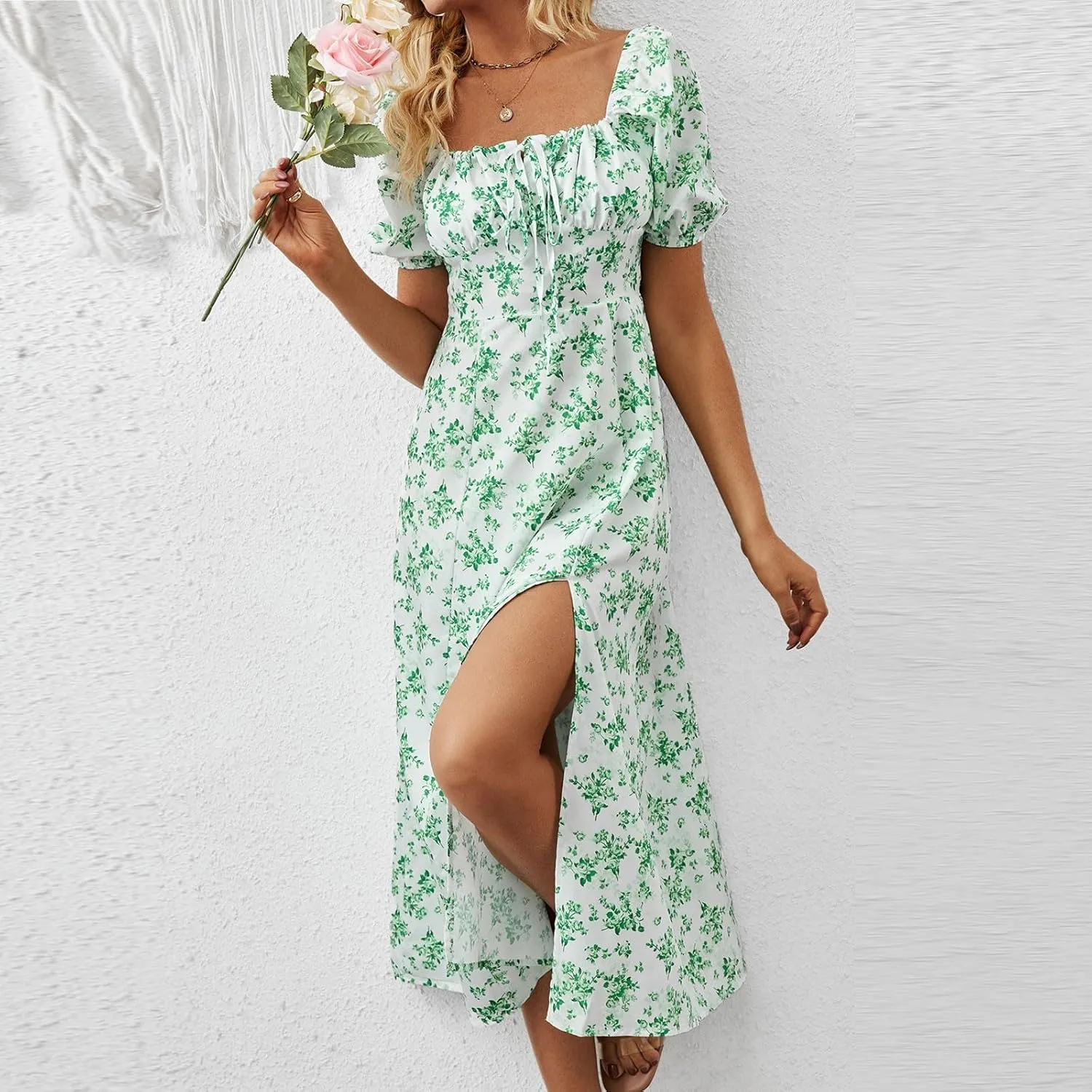 Women's Summer Puff Sleeve Floral Split Maxi Dress Flowy A Line Casual Beach Long Dresses 2025 Boho Floral Dress