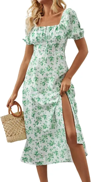 Women's Summer Puff Sleeve Floral Split Maxi Dress Flowy A Line Casual Beach Long Dresses 2025 Boho Floral Dress