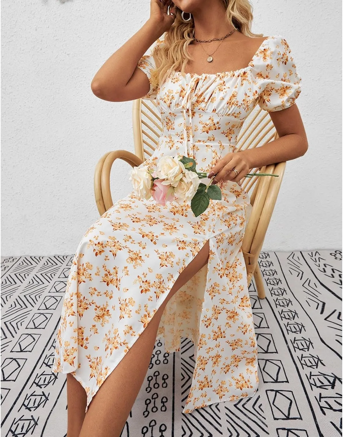 Women's Summer Puff Sleeve Floral Split Maxi Dress Flowy A Line Casual Beach Long Dresses 2025 Boho Floral Dress
