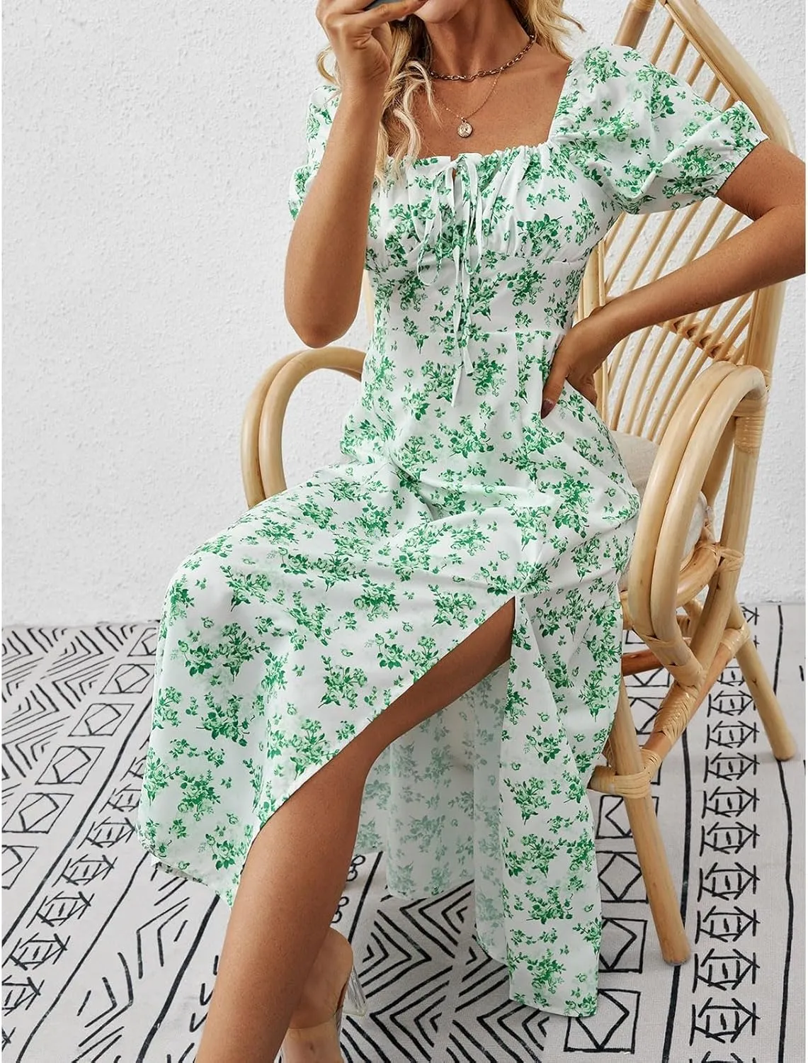 Women's Summer Puff Sleeve Floral Split Maxi Dress Flowy A Line Casual Beach Long Dresses 2025 Boho Floral Dress