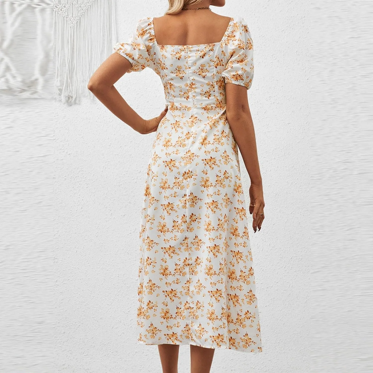 Women's Summer Puff Sleeve Floral Split Maxi Dress Flowy A Line Casual Beach Long Dresses 2025 Boho Floral Dress