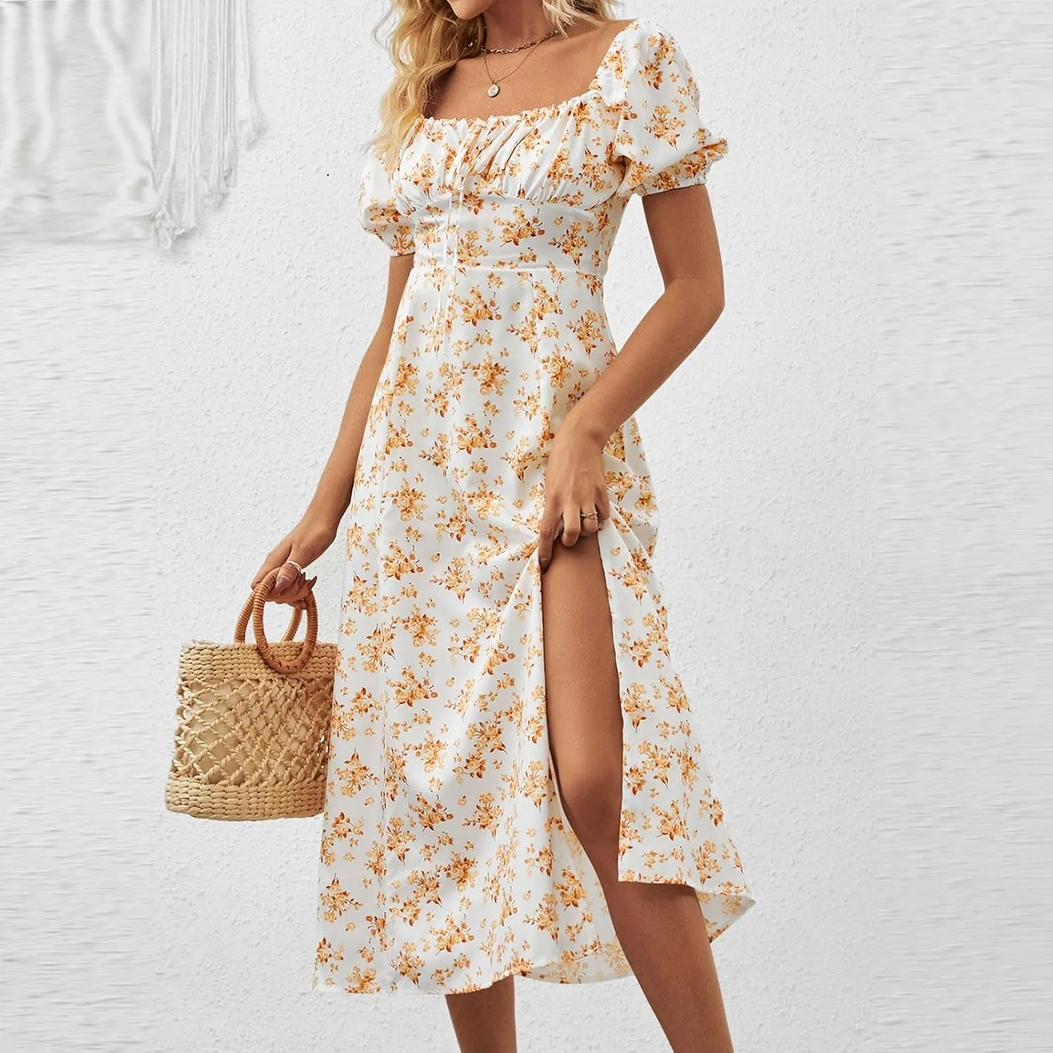 Women's Summer Puff Sleeve Floral Split Maxi Dress Flowy A Line Casual Beach Long Dresses 2025 Boho Floral Dress