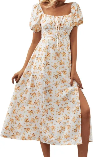 Women's Summer Puff Sleeve Floral Split Maxi Dress Flowy A Line Casual Beach Long Dresses 2025 Boho Floral Dress