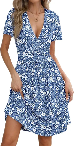 Women's Summer Short Sleeve Casual Wrap Dresses V-Neck with Pockets Elastic Waist Flowy Midi Beach Dress(Blue Flor, X-Large)