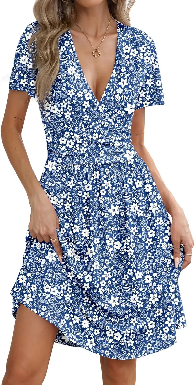 Women's Summer Short Sleeve Casual Wrap Dresses V-Neck with Pockets Elastic Waist Flowy Midi Beach Dress(Blue Flor, X-Large)