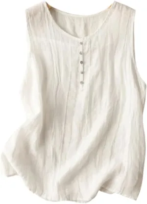 Women's Summer Solid Color Undershirt Round Neck Sleeveless Top Button Decorative Pullover Loose Leisure Shirts