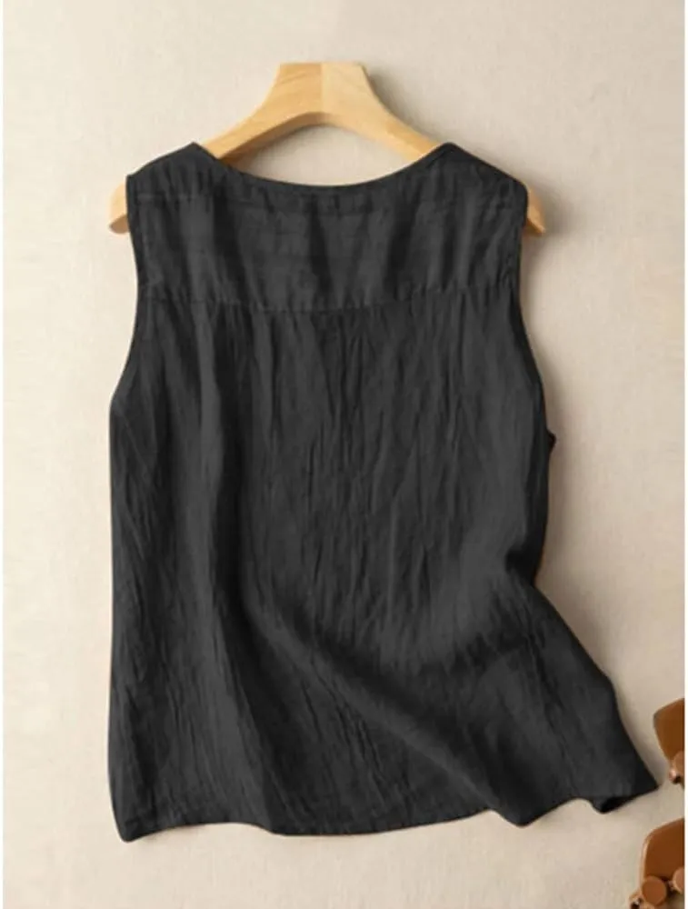 Women's Summer Solid Color Undershirt Round Neck Sleeveless Top Button Decorative Pullover Loose Leisure Shirts