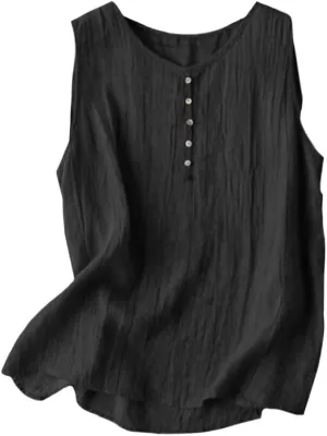 Women's Summer Solid Color Undershirt Round Neck Sleeveless Top Button Decorative Pullover Loose Leisure Shirts
