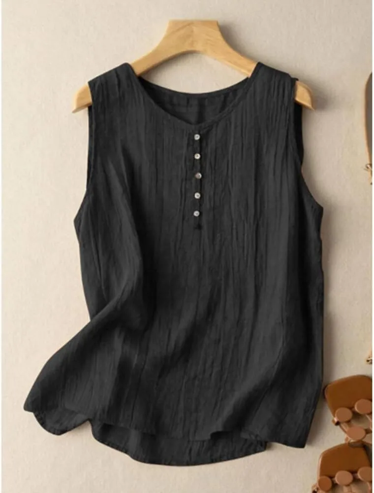 Women's Summer Solid Color Undershirt Round Neck Sleeveless Top Button Decorative Pullover Loose Leisure Shirts