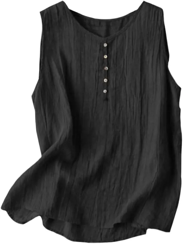 Women's Summer Solid Color Undershirt Round Neck Sleeveless Top Button Decorative Pullover Loose Leisure Shirts