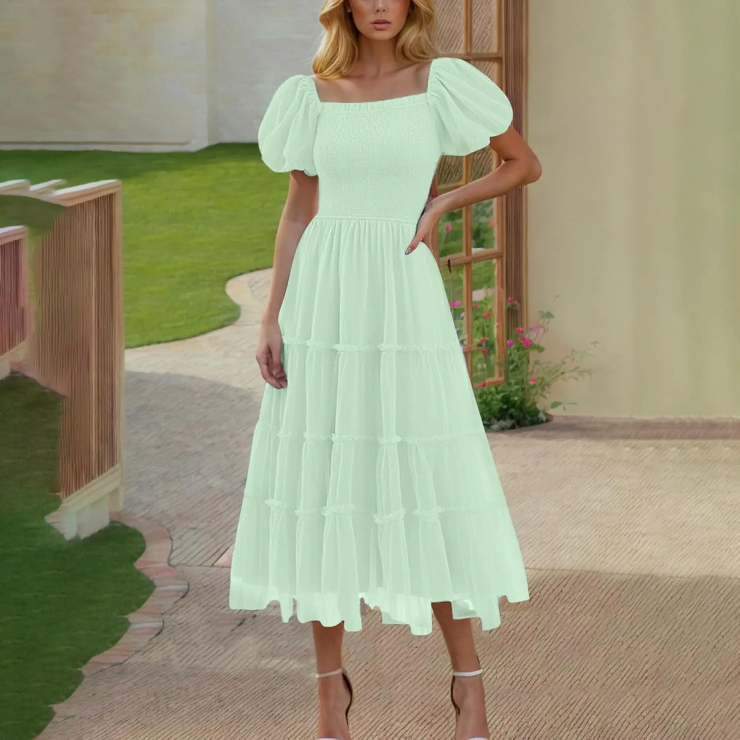 Women's Summer Tulle Midi Dress 2025 Sleeveless Smocked Ruffle Mesh Flowy Dresses Party Wedding Guest Sundress
