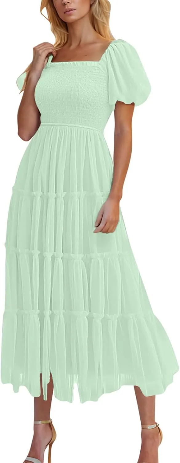 Women's Summer Tulle Midi Dress 2025 Sleeveless Smocked Ruffle Mesh Flowy Dresses Party Wedding Guest Sundress