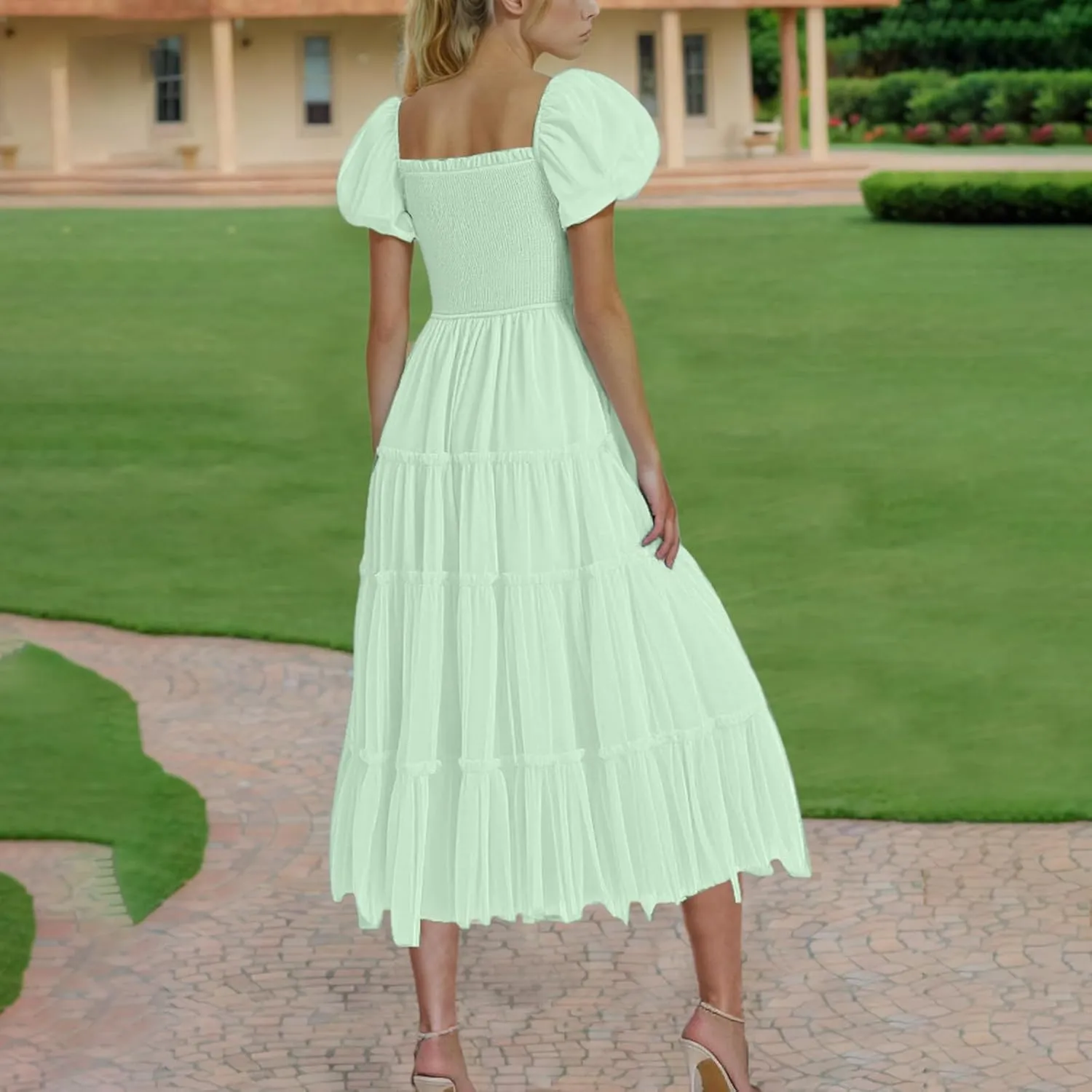 Women's Summer Tulle Midi Dress 2025 Sleeveless Smocked Ruffle Mesh Flowy Dresses Party Wedding Guest Sundress