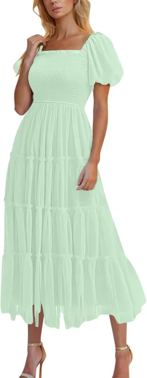 Women's Summer Tulle Midi Dress 2025 Sleeveless Smocked Ruffle Mesh Flowy Dresses Party Wedding Guest Sundress
