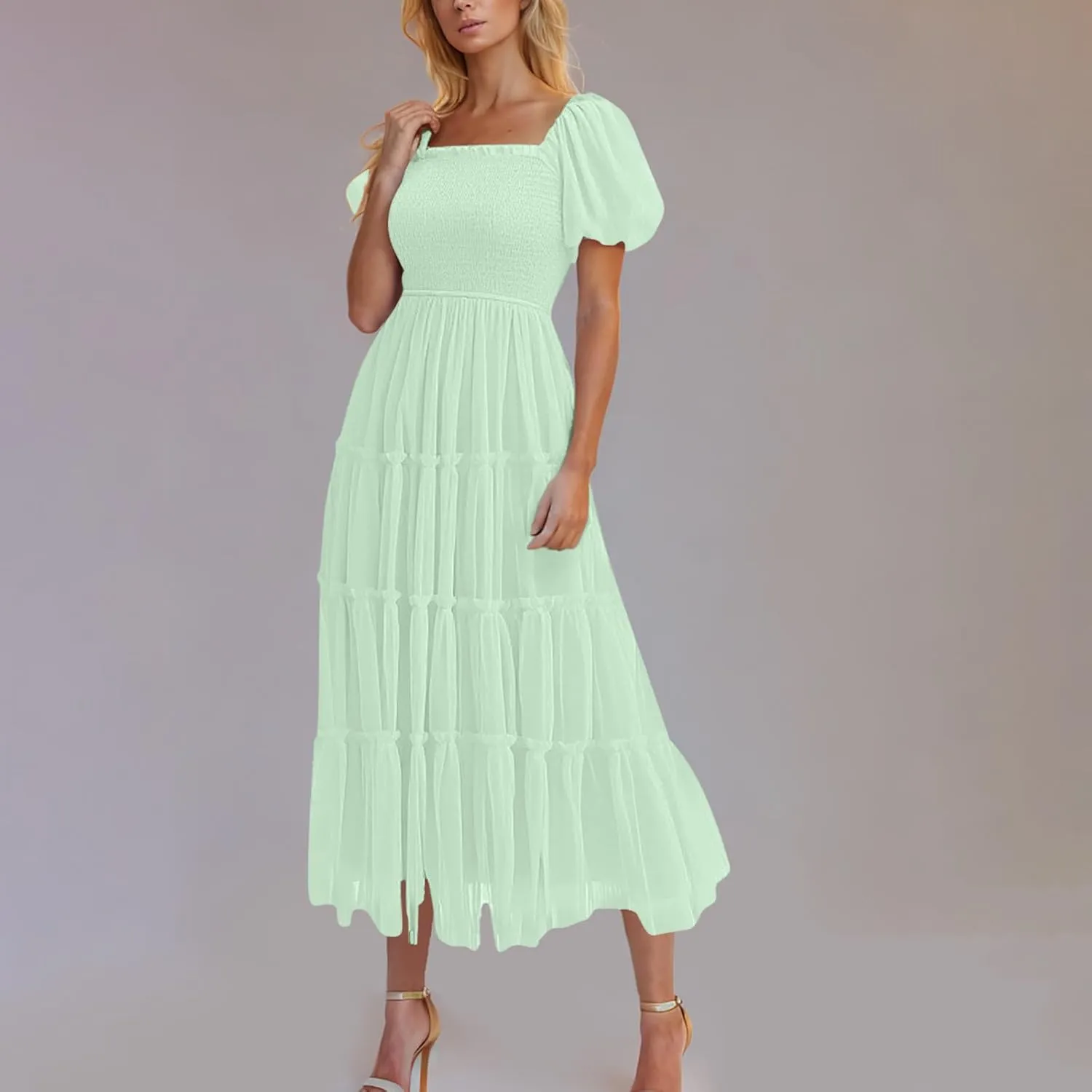 Women's Summer Tulle Midi Dress 2025 Sleeveless Smocked Ruffle Mesh Flowy Dresses Party Wedding Guest Sundress