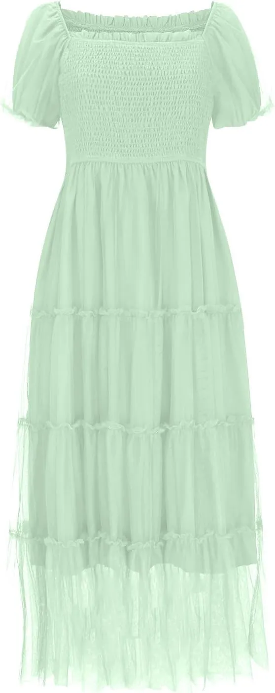 Women's Summer Tulle Midi Dress 2025 Sleeveless Smocked Ruffle Mesh Flowy Dresses Party Wedding Guest Sundress