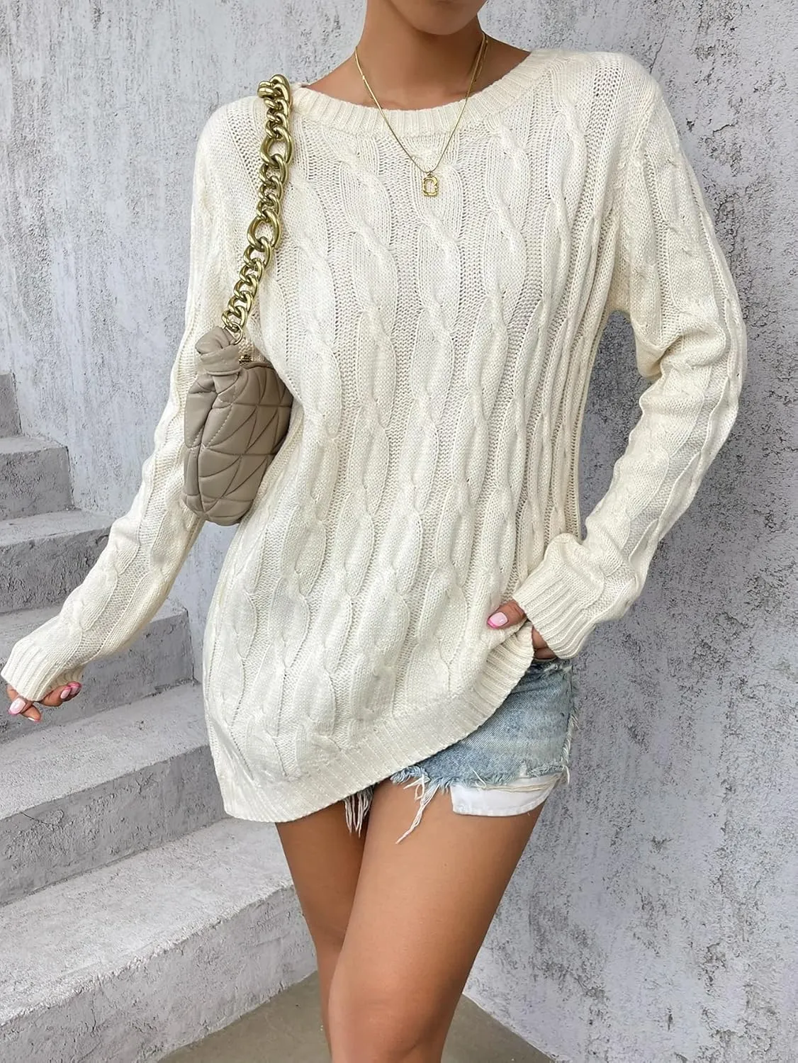 Women's Sweater Asymmetrical Hem Cable Knit Sweater Sweater for Women (Color : Beige, Size : Large)