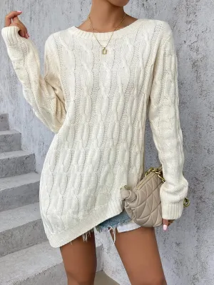 Women's Sweater Asymmetrical Hem Cable Knit Sweater Sweater for Women (Color : Beige, Size : Large)