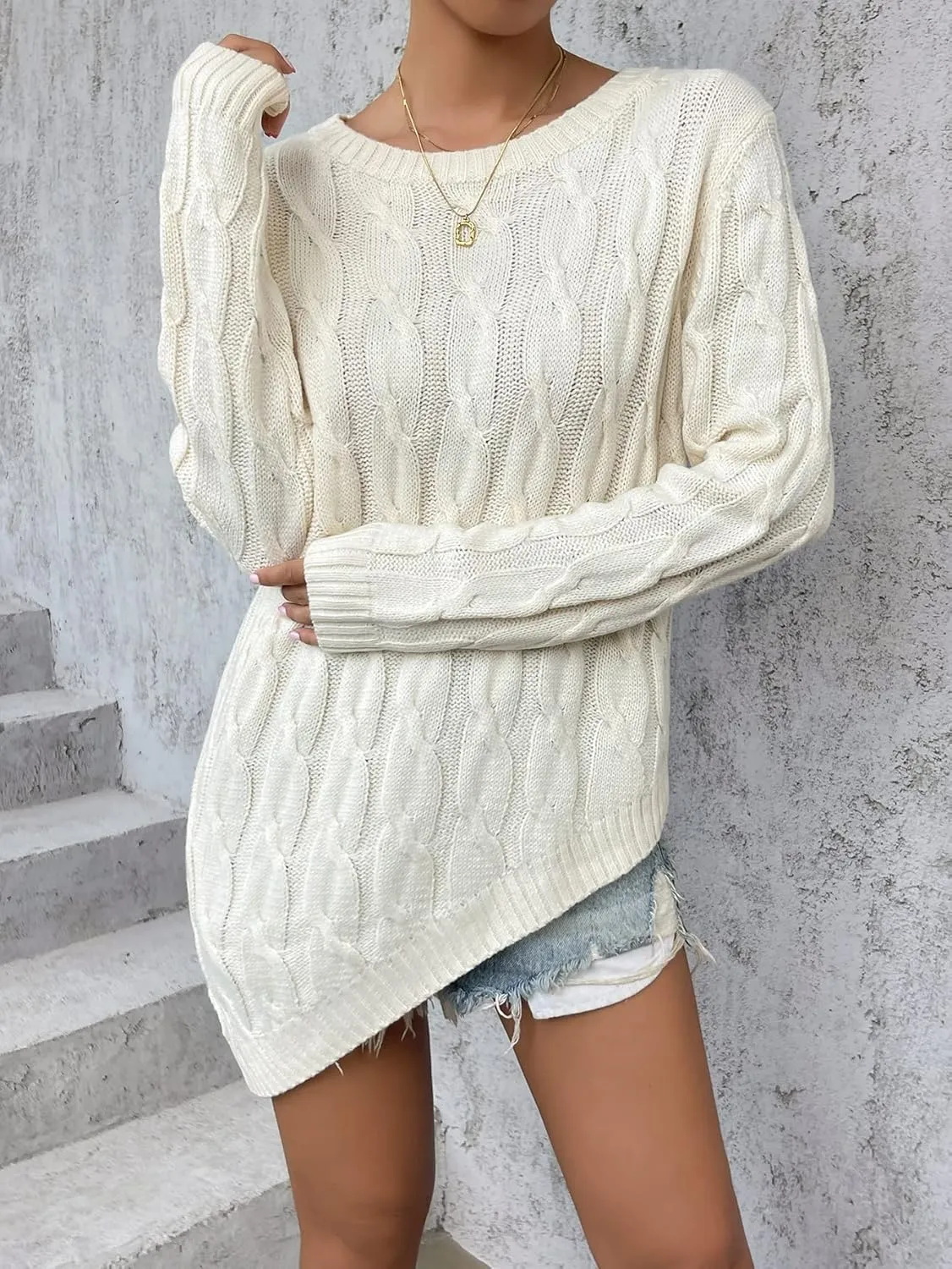 Women's Sweater Asymmetrical Hem Cable Knit Sweater Sweater for Women (Color : Beige, Size : Large)