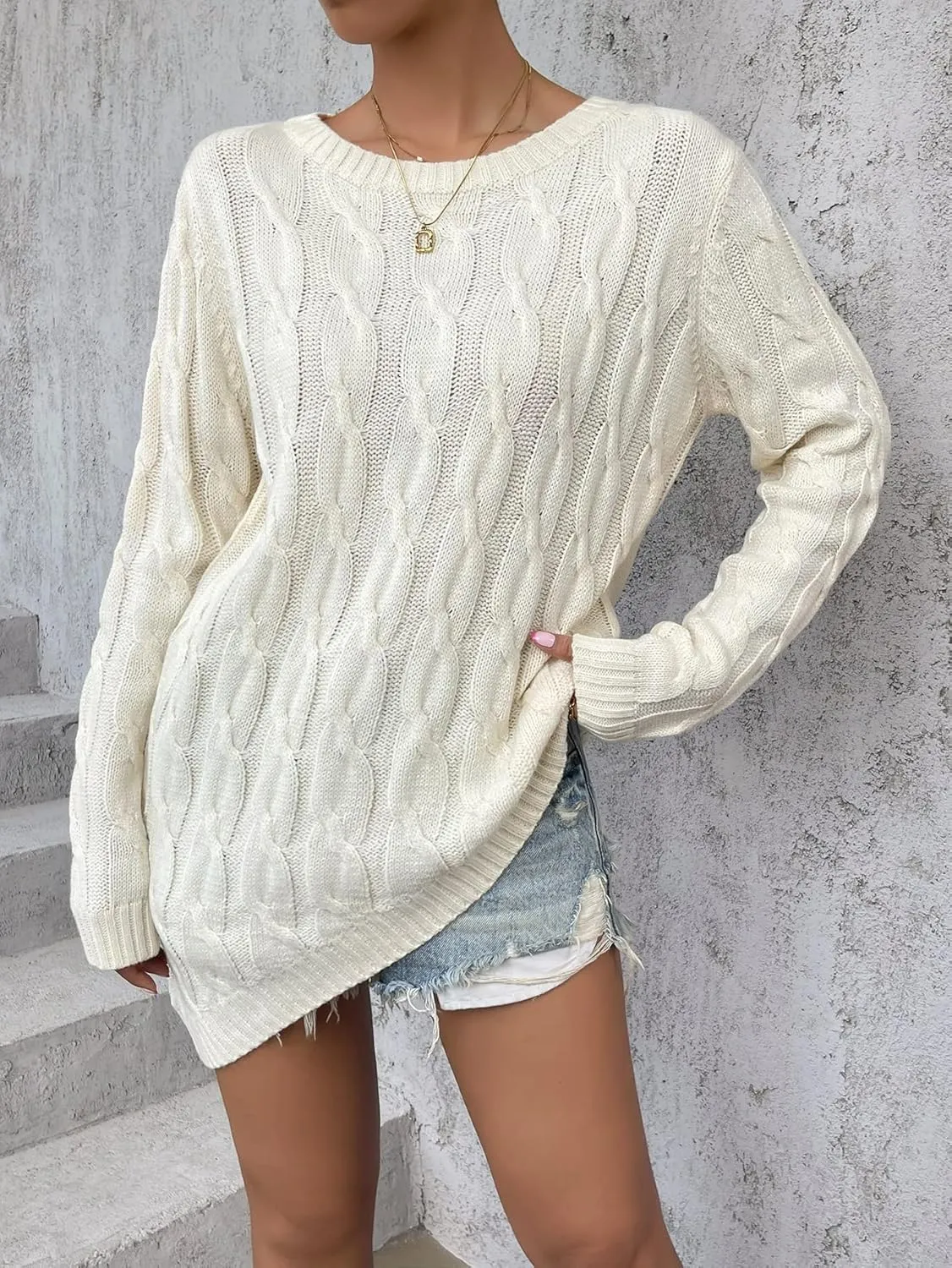 Women's Sweater Asymmetrical Hem Cable Knit Sweater Sweater for Women (Color : Beige, Size : Large)
